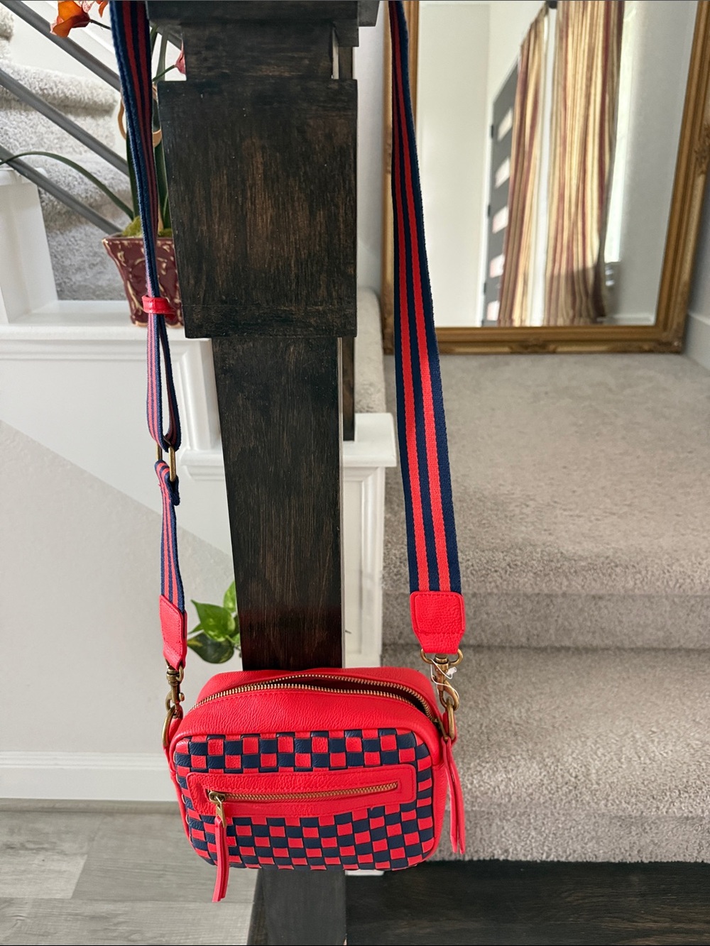 Red and Navy Check Crossbody Bag - Women's Shoulder Bag